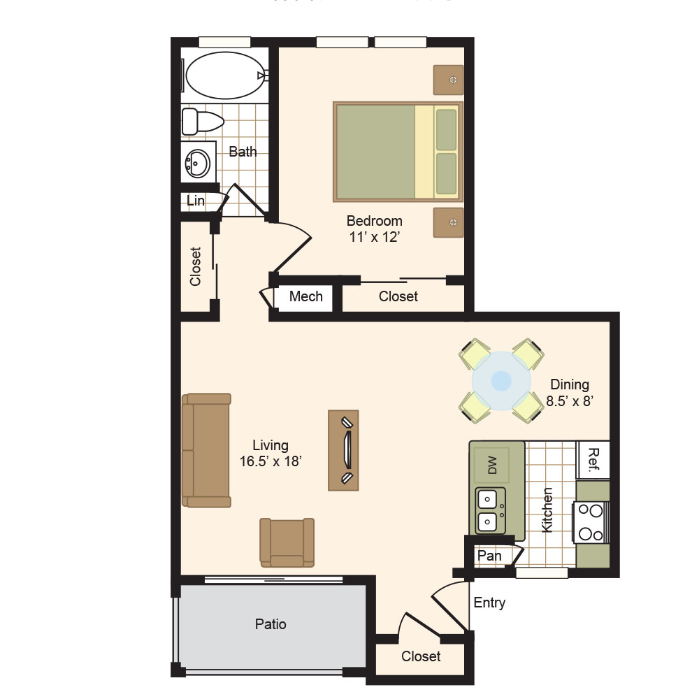 Colony Oaks Bellaire Apartments | B 800sf 1x1 Floor Plan